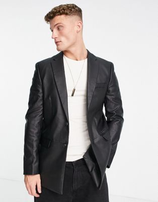 Topman boxy slim two button faux leather blazer in black - ASOS Price Checker