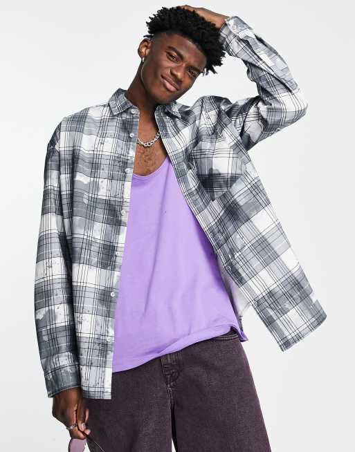 Topman bleach effect checked shirt in gray 