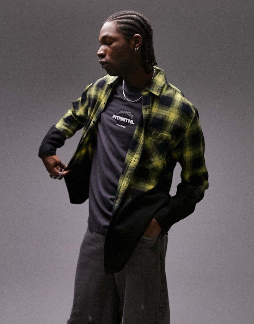 Topman bleached check shirt in black and yellow