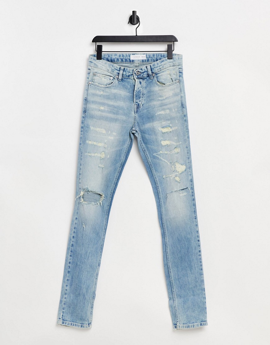 Topman - Blegede skinny-jeans i økologisk bomuld med flænger-Blå
