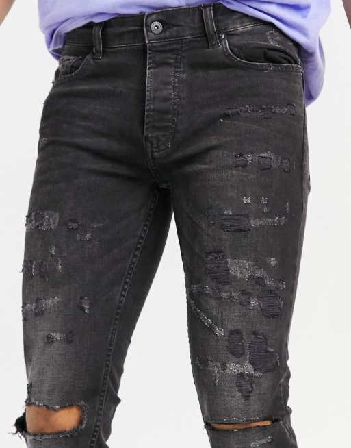 Topman – Bleksvarta skinny jeans av bomullsmix med stretch och revor - BLACK, 3 av 4
