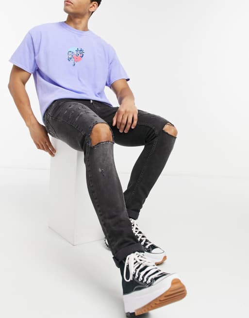 Topman – Bleksvarta skinny jeans av bomullsmix med stretch och revor - BLACK, 4 av 4