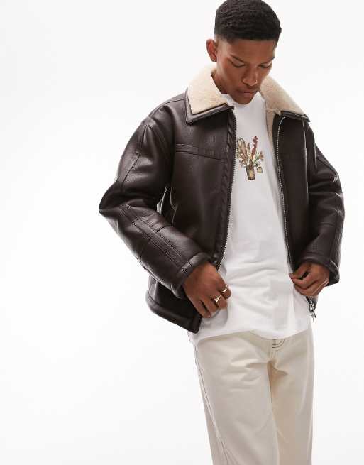 Topman - Blouson aviateur en similicuir et shearling - Marron, 4 de 4