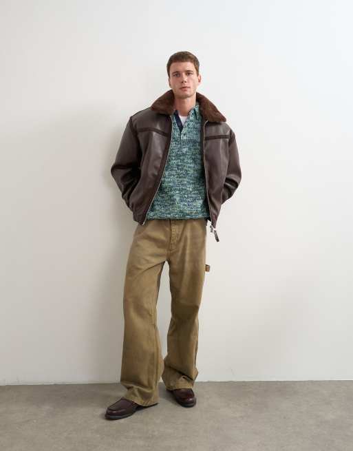 Topman blouson bomber coupe classique avec col en faux-fur amovible marron chocolat, 2 de 5