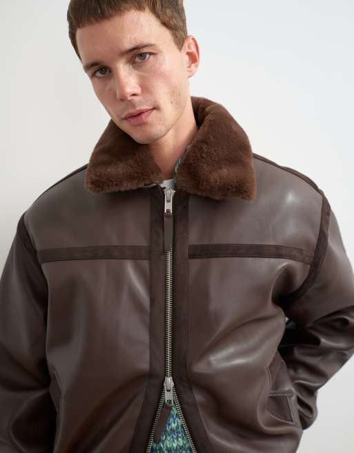 Topman blouson bomber coupe classique avec col en faux-fur amovible marron chocolat, 4 de 5