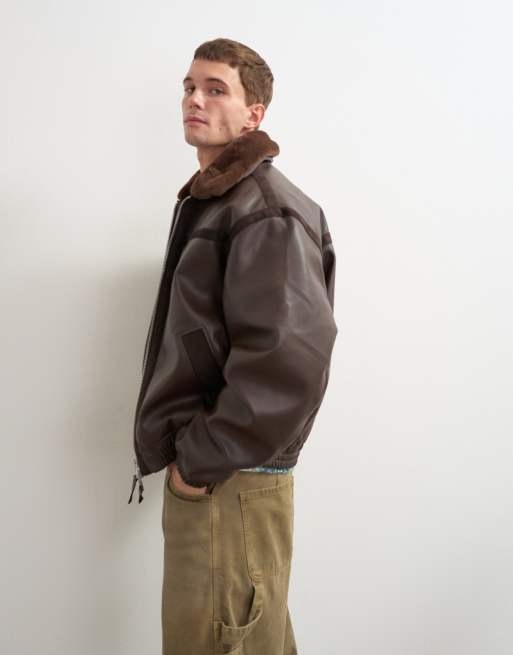 Topman blouson bomber coupe classique avec col en faux-fur amovible marron chocolat, 5 de 5