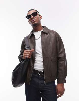 Topman - Blouson Harrington en imitation cuir - Marron