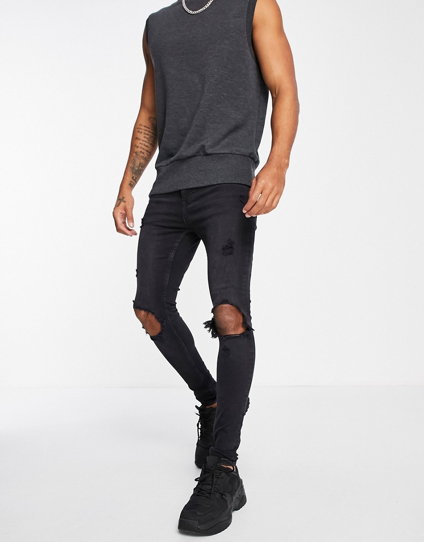 Topman blowout super spray on jeans in washed black
