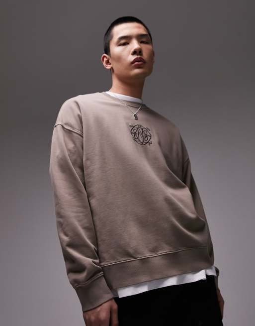 Topman – Bluza oversize w spranym brązowym kolorze z wyhaftowanym wzorem Nolita