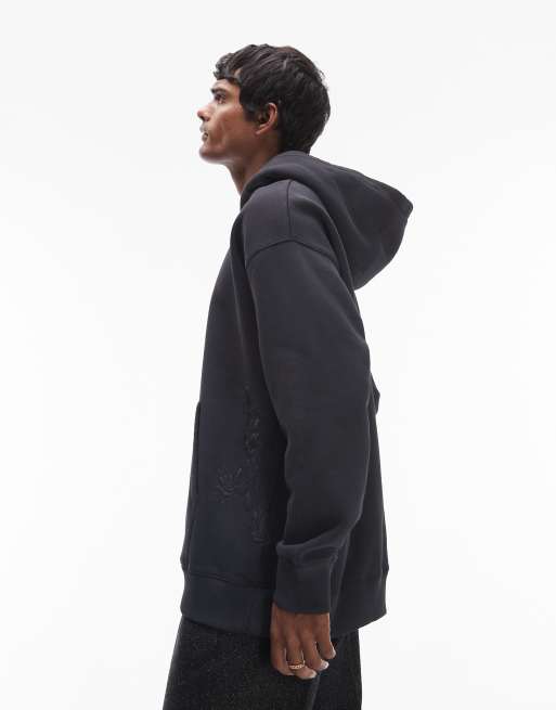 Topman – Bluza oversize w spranym czarnym kolorze z kapturem i haftem z kwiatem