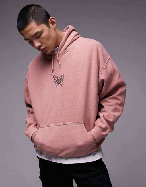 Topman – Bluza oversize w spranym różowym kolorze z kapturem i haftowanym wzorem z motywem