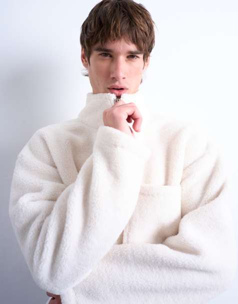 Topman 1/4 zip borg sweatshirt in ecru