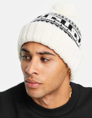 Topman bobble beanie with fair isle in blue and white - WHITE - ASOS Price Checker