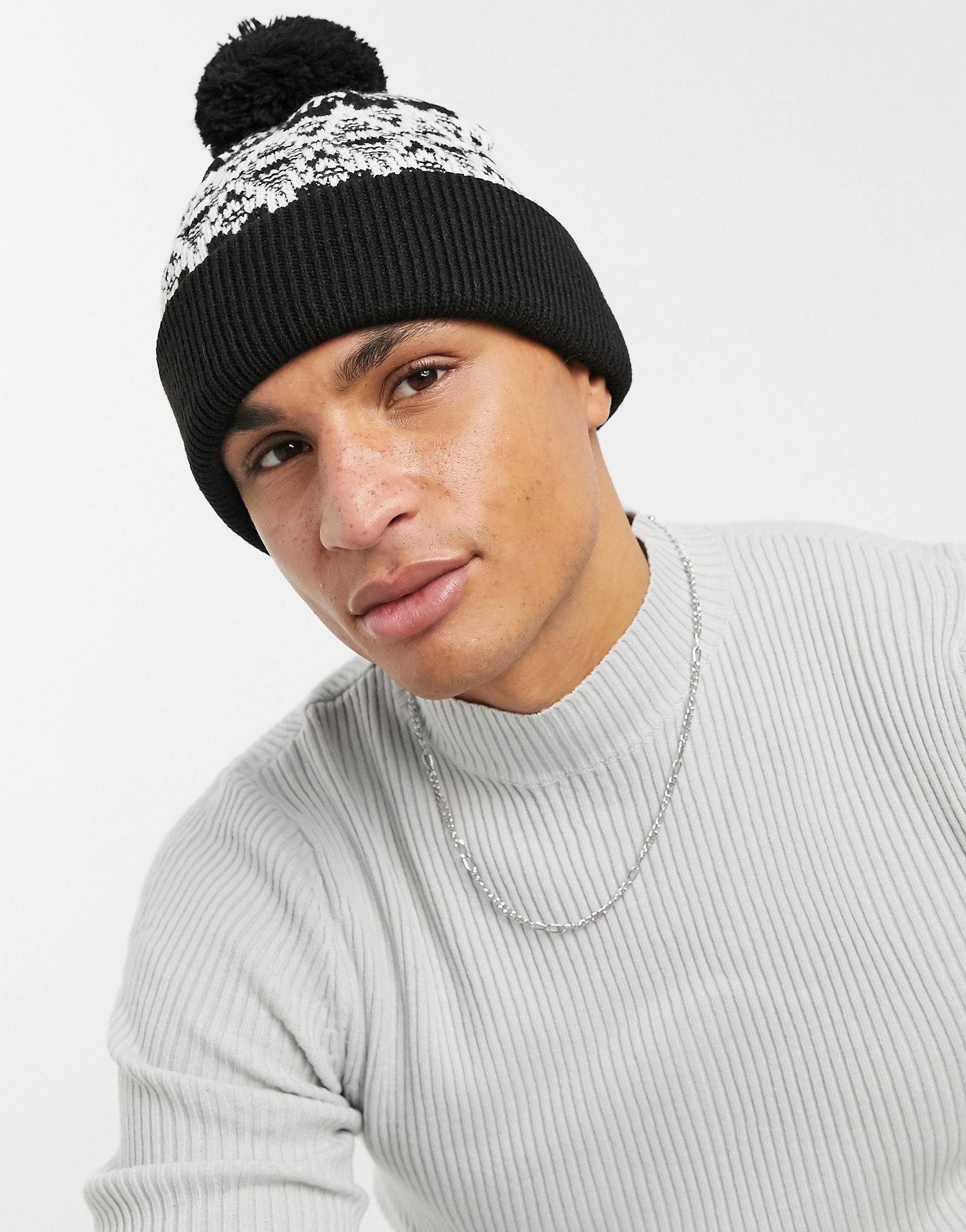 Topman bobble hat with fair isle print in black and white