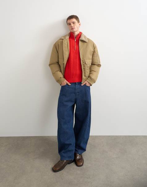 Topman bomber en nylon coupe oversize à col en peau retournée, coloris pierre - view 1
