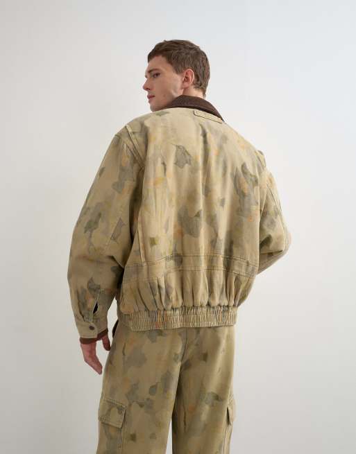 Topman bomber en sergé à imprimé camouflage, coupe oversize, avec col en velours côtelé, kaki, 4 de 5