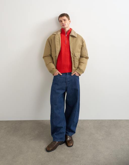 Topman bomber in nylon vestibilità oversize con colletto in montone color pietra, 1 di 5
