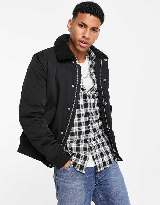 Topman bomber jacket with borg collar in black | ASOS