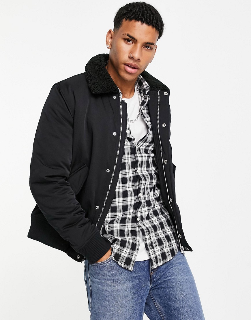Topman bomber jacket with sherpa collar in black