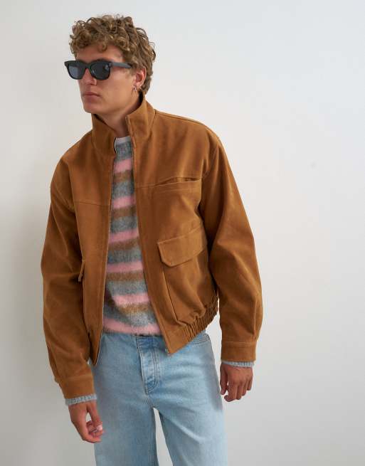 Topman bomber relaxed fit in camoscio sintetico con collo a imbuto e doppia zip, color tan, 2 di 5