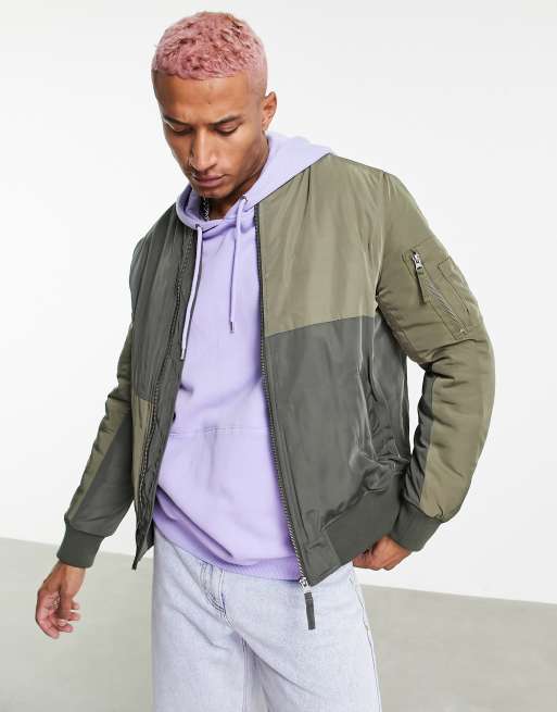 Topman – Bomberjacke in Khaki mit Patchwork-Design