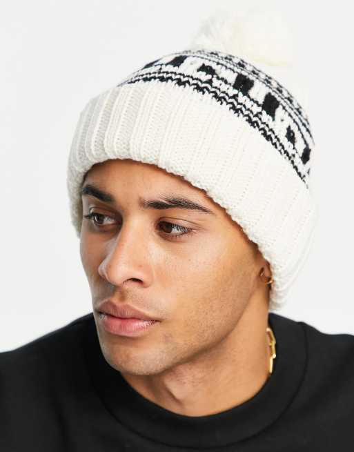Topman – Bommelmütze mit Norwegermuster in Blau und Weiß – WHITE
