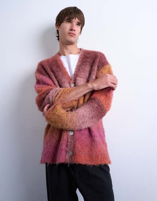 Topman - Bordeaux oversized cardigan med ombré-effekt i vamset strik, 4 af 5