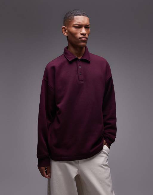 Topman – Bordowa bluza dresowa oversize z kołnierzykiem polo i długim rękawem