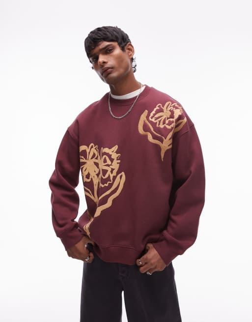 Topman – Bordowa bluza oversize z abstrakcyjnym motywem kwiatowym z przodu i na plecach