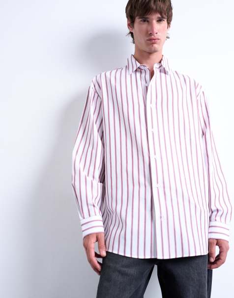 Topman oversized fit long sleeve stripe shirt in burgundy