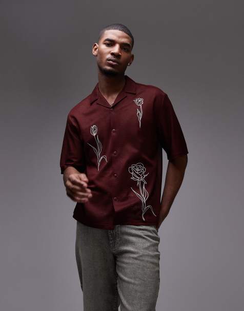 Topman – Bordowa koszula z haftowanym tropikalnym wzorem - view 1
