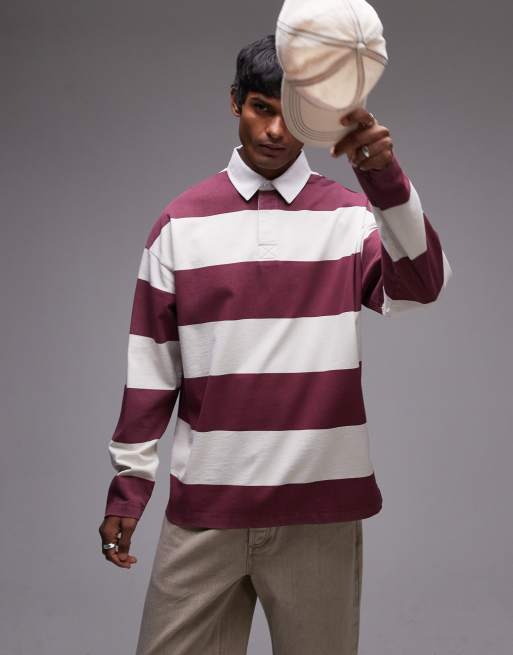 Topman – Bordowa koszulka polo oversize w paski z kołnierzykiem z tkaniny