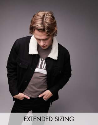Topman Faux Shearling Collar Denim Jacket In Black