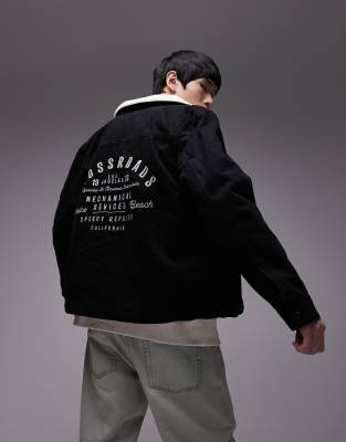 Topman Faux Shearling Collar Denim Jacket In Black