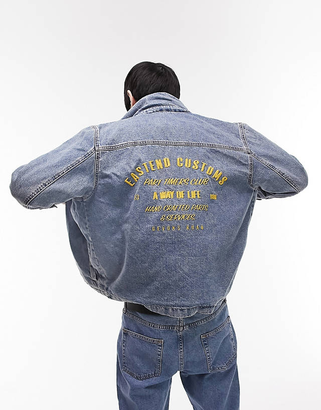 Topman - borg collar denim jacket with embroidery in mid wash blue