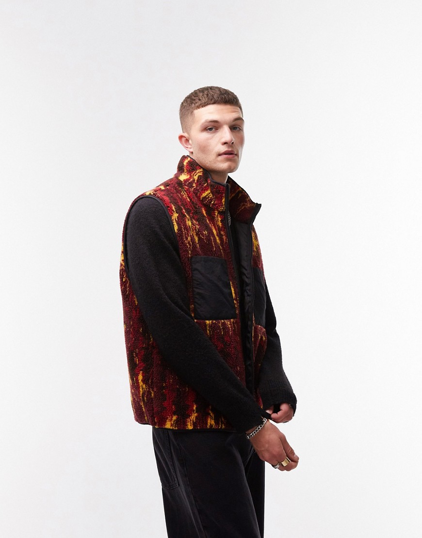 Topman borg gilet with all over print in burgundy-Multi