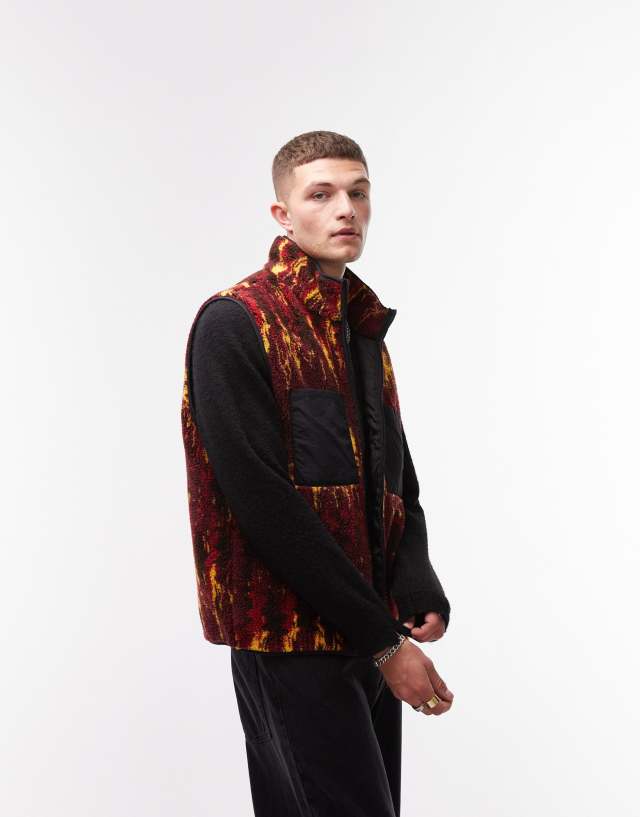 Topman borg gilet with all over print in burgundy