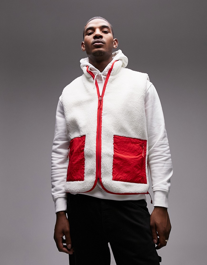 Topman borg gilet with panel pockets in ecru-White