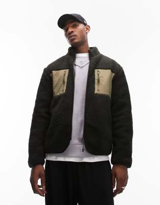 Topman borg jacket with nylon panels in khaki-Green