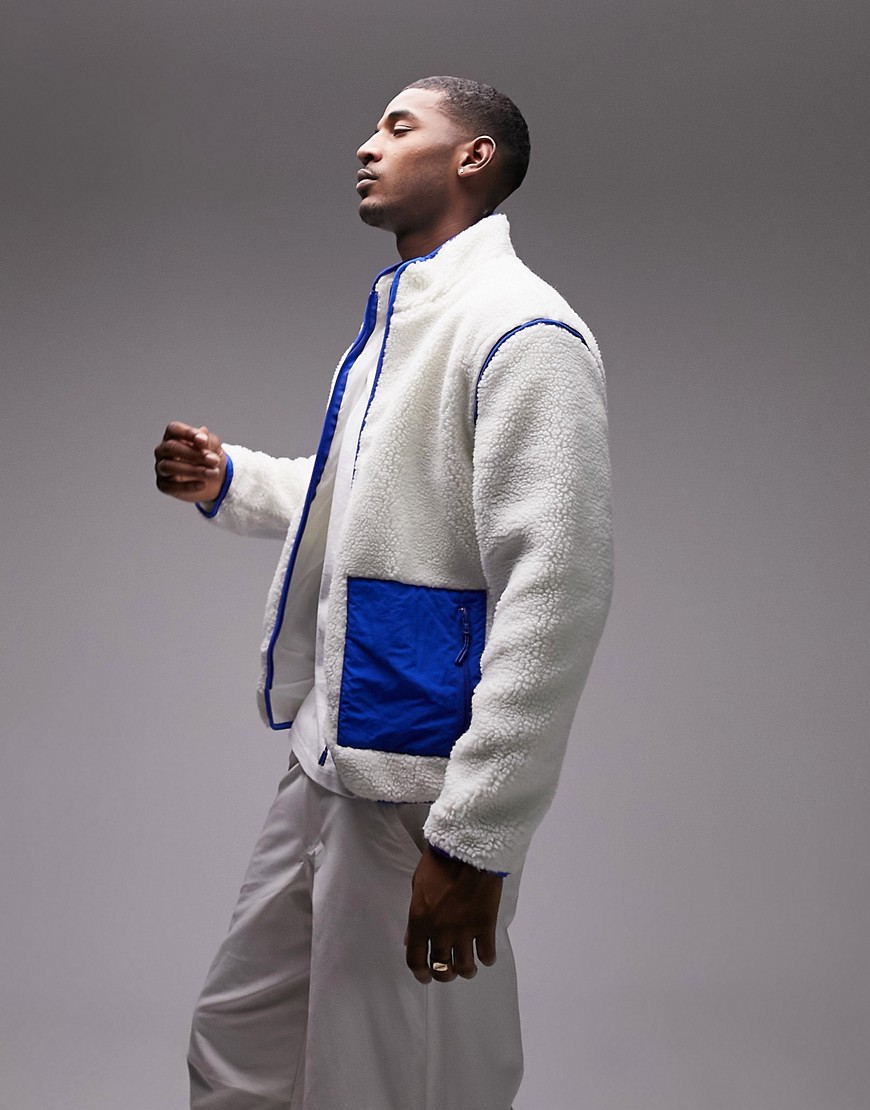 Topman Borg Jacket With Panel Pockets In Ecru-white