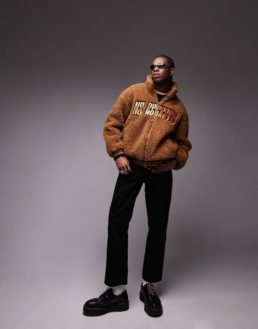Topman borg jacket with text embroidery in stone