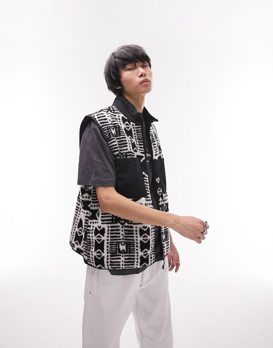 Topman borg vest with all over pattern print in ecru-White