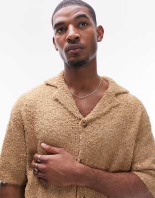 Topman boucle button up polo in stone