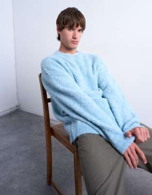 Bouclé-Pullover in lockerer Passform in Mittelblau Blau S