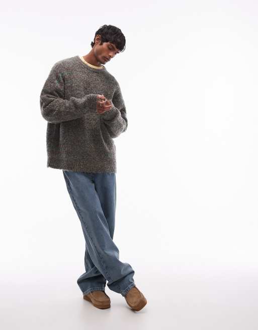 Topman boucle jumper in green and brown marl