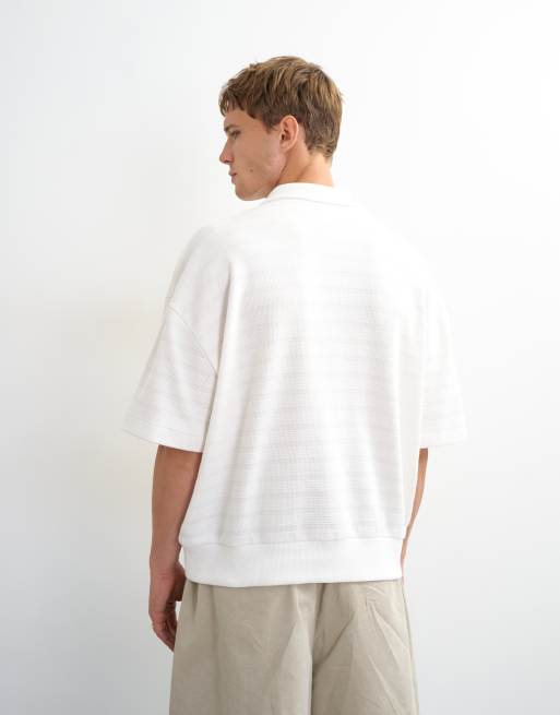 Topman boxig passform strukturerad randig jersey-piké i naturvit, 3 av 5
