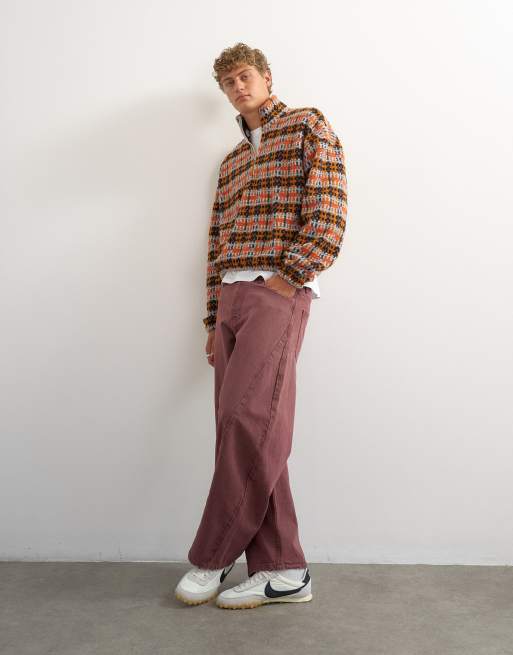 Topman boxy crop fit 1/4 zip trøje med ståkrave og ternet borg i orange, 2 af 5
