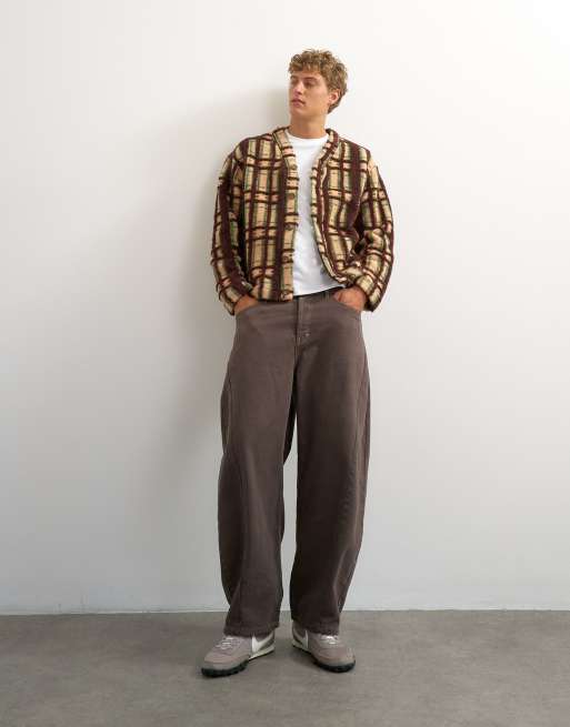 Topman boxy fit borg check cardigan in brown, 2 of 5
