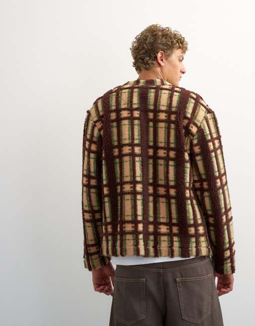 Topman boxy fit borg check cardigan in brown, 4 of 5