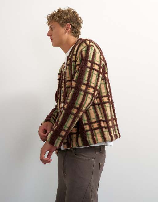 Topman boxy fit borg check cardigan in brown, 5 of 5